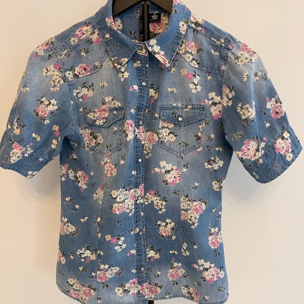 Pink Flowers Denim Shirt XS/ S